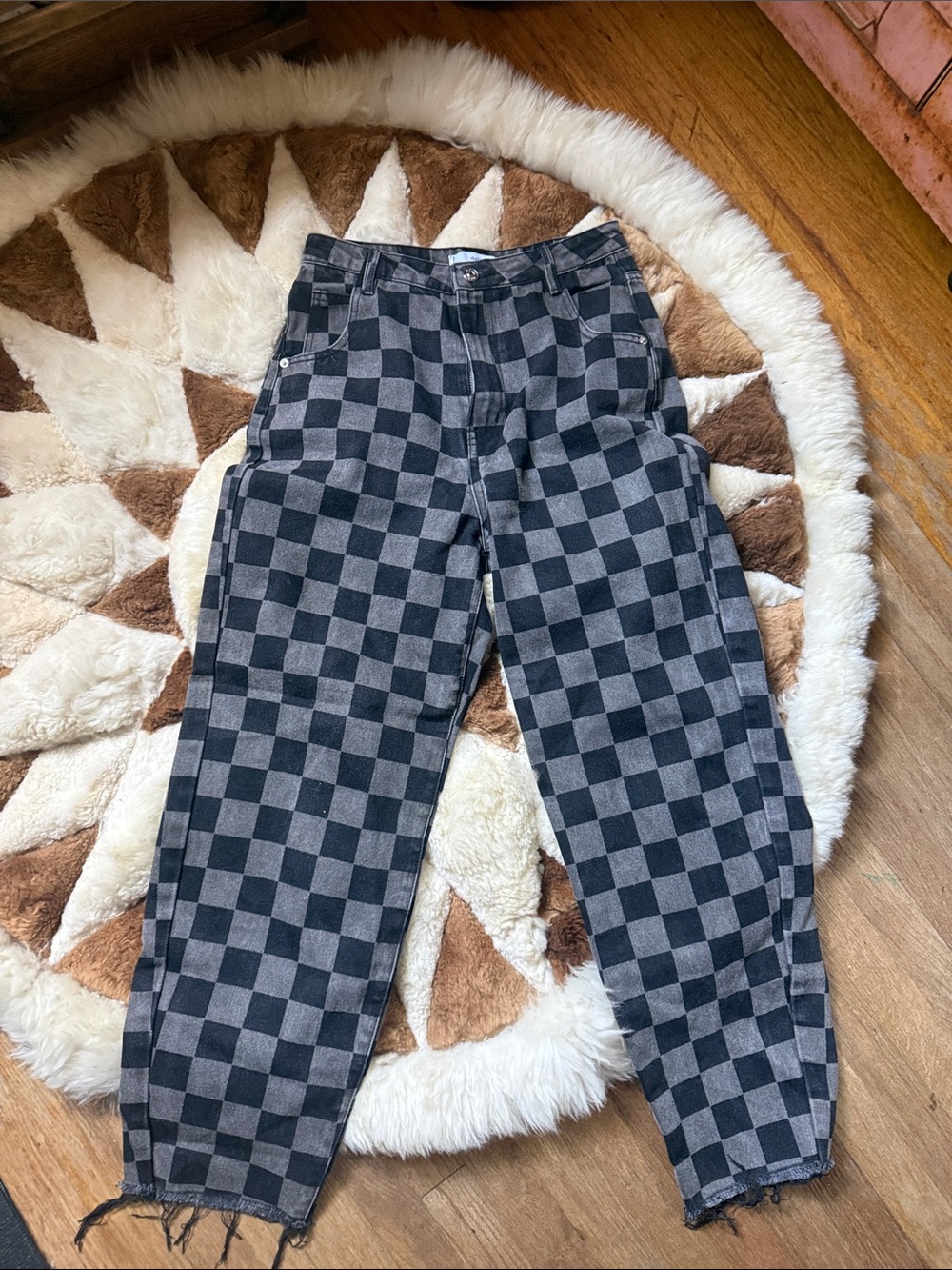 Adika Checkerboard Pattern High-Waist wide leg Pants — Black & Gray size S